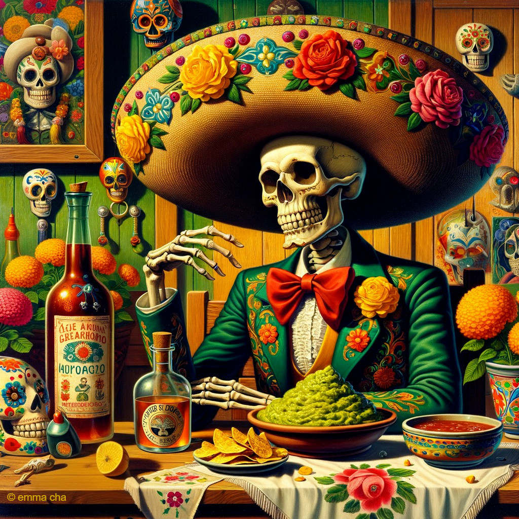 Colorful Dia de los Muertos Scene with Skeleton and Decor