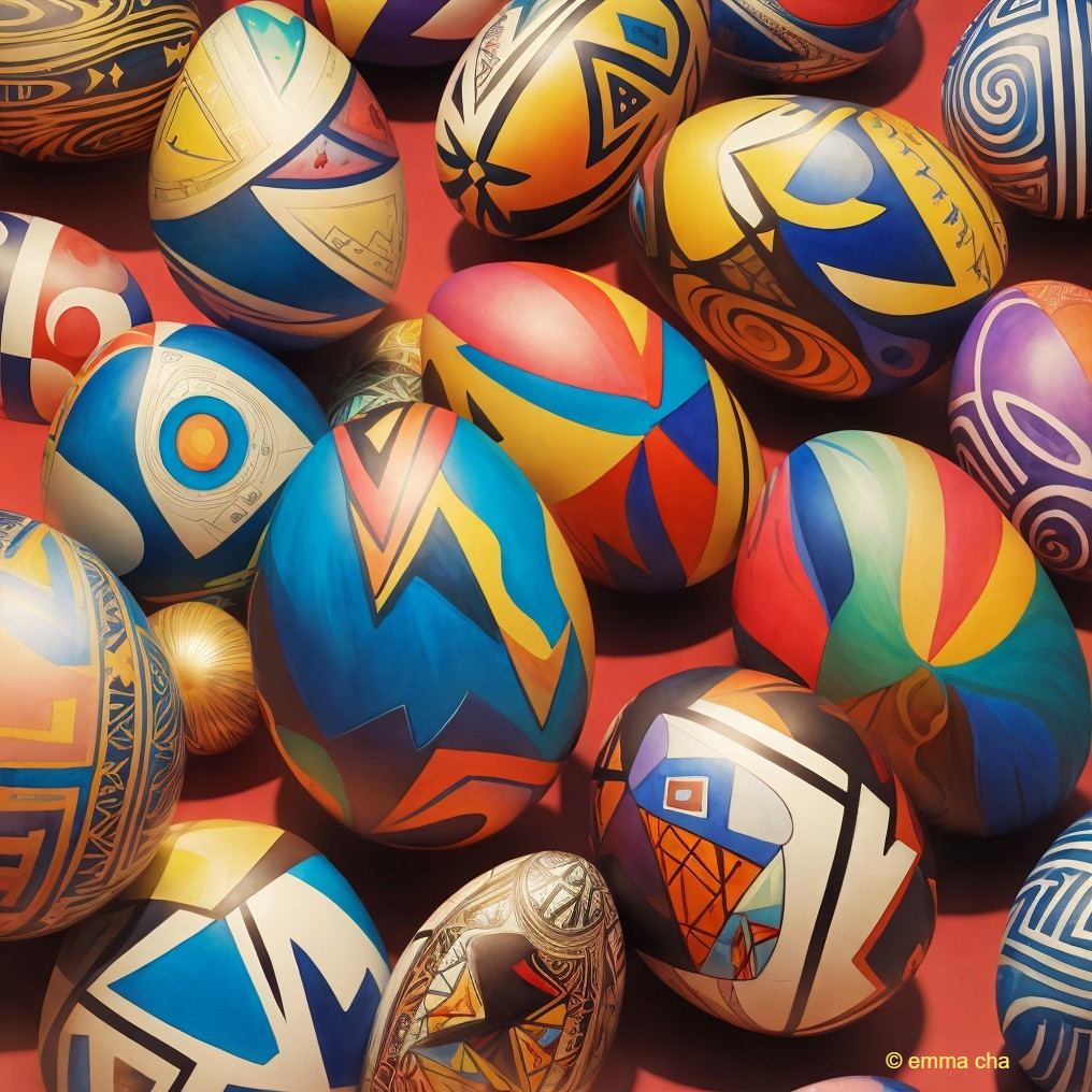 Ornately Decorated Eggs on Red Background