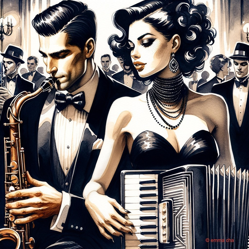 Monochrome Illustration of a Glamorous Musical Couple