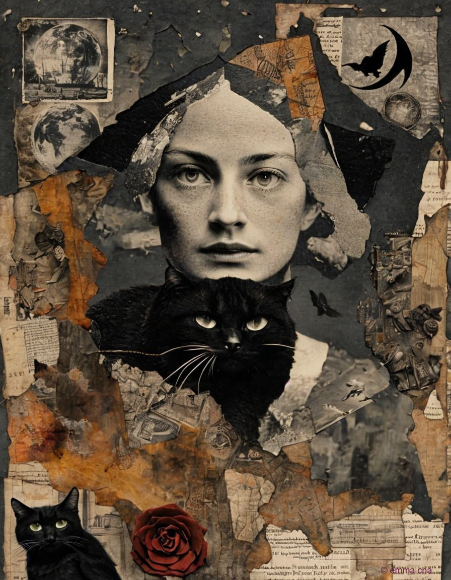 Vintage Portrait of Woman with Cats and Collage Elements