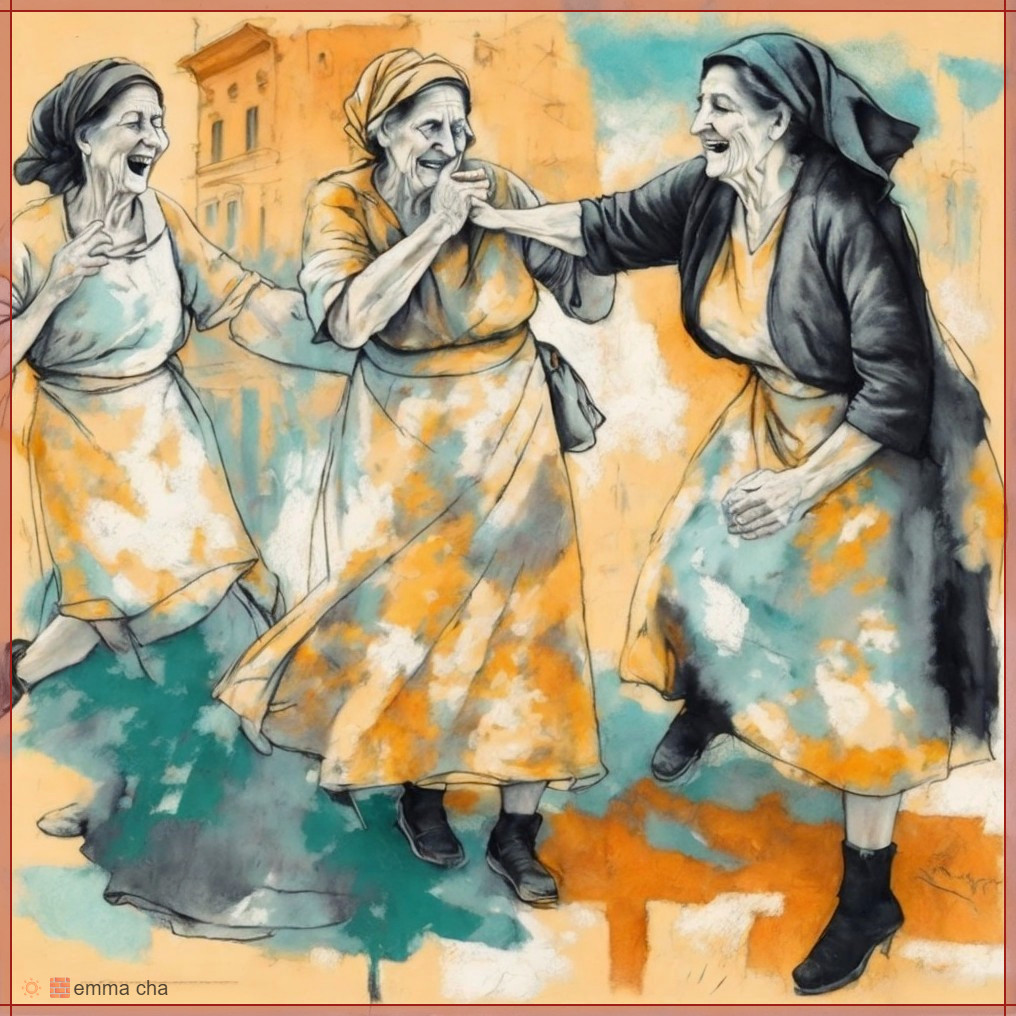 Elderly Women Dancing in Vibrant Painterly Style