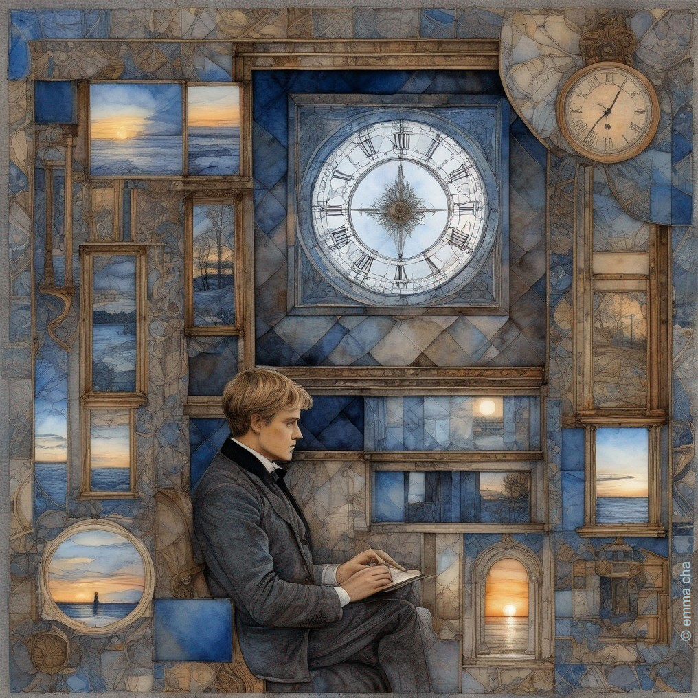 Contemplative Young Man with Sketchbook and Art Collage