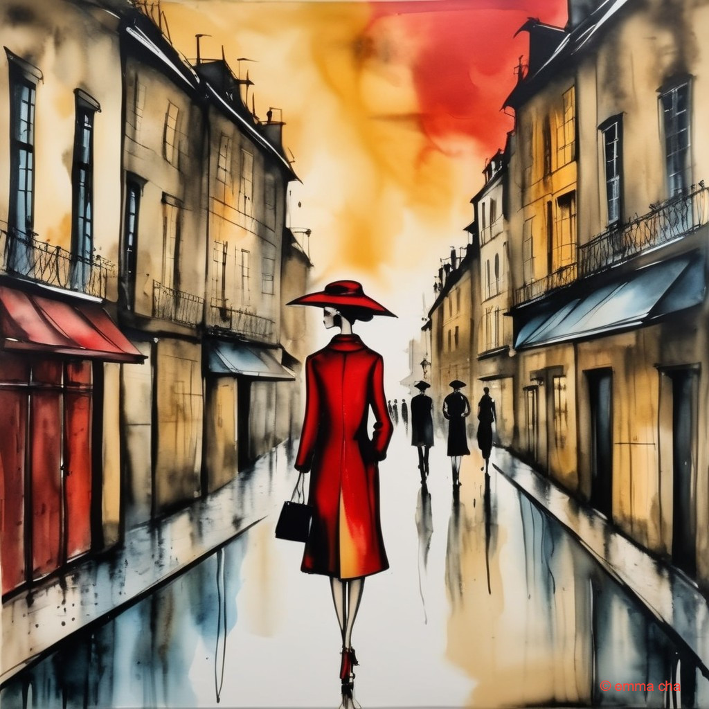 Fashionable Woman in Red Coat on Cobblestone Street