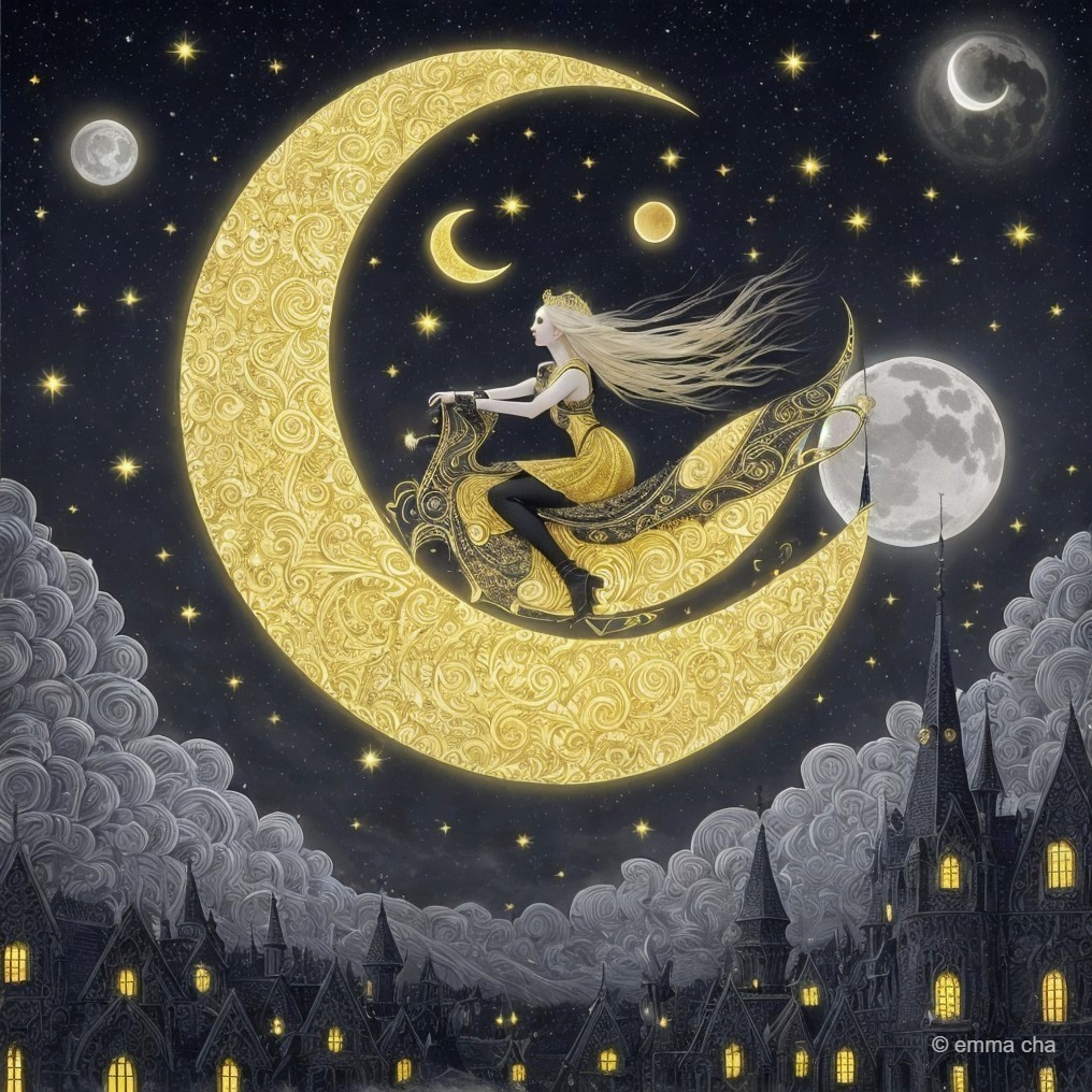 Whimsical Figure on Crescent Moon in Starry Sky