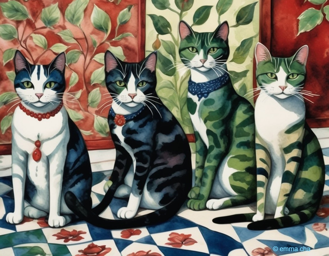 Colorful Artwork of Four Stylized Cats with Accessories