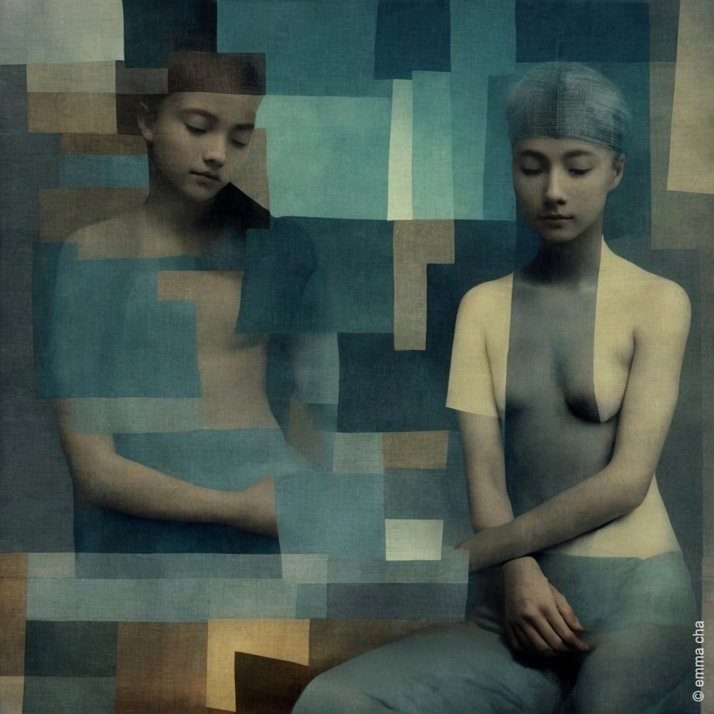 Serene Figures Against Abstract Blue Background