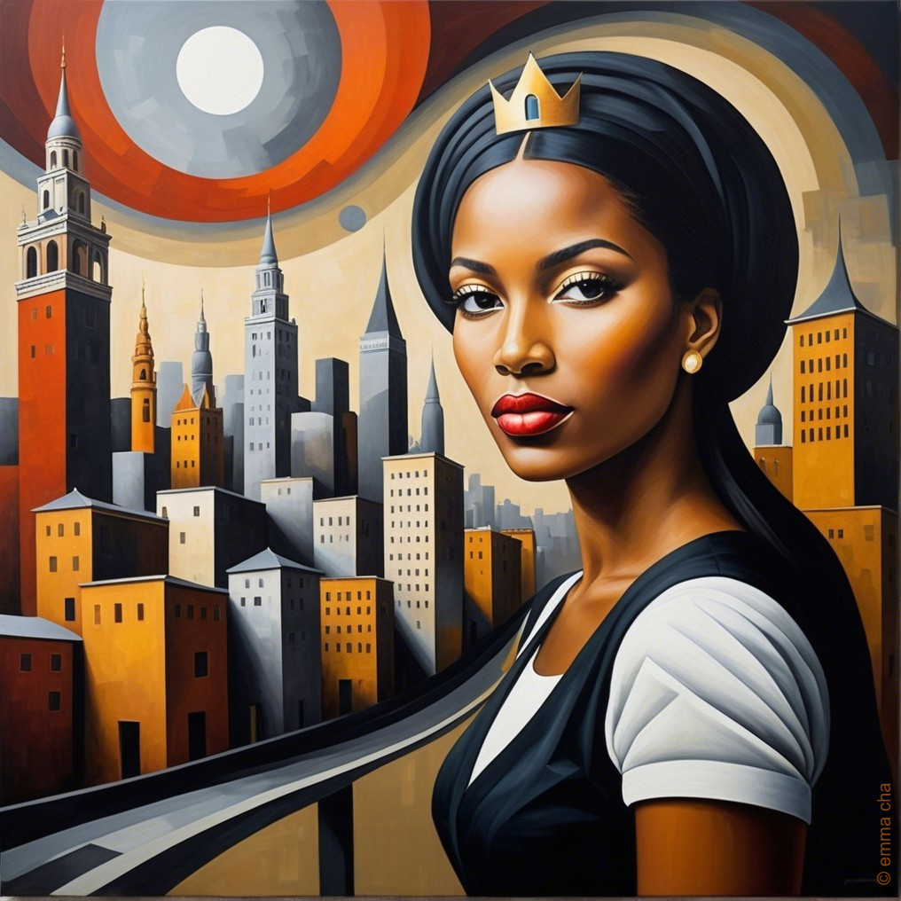 Portrait of a Woman in Crown with Cityscape Background