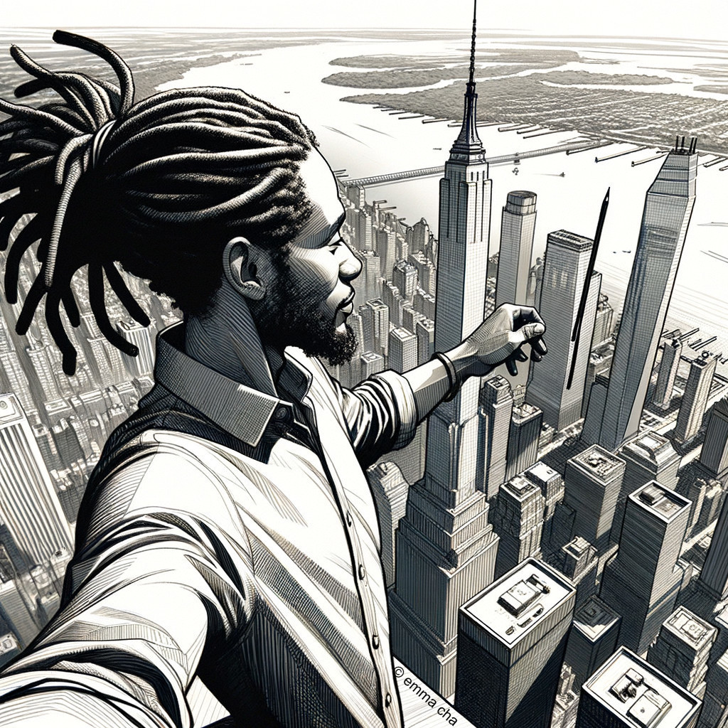 Black-and-white illustration of a man taking a selfie