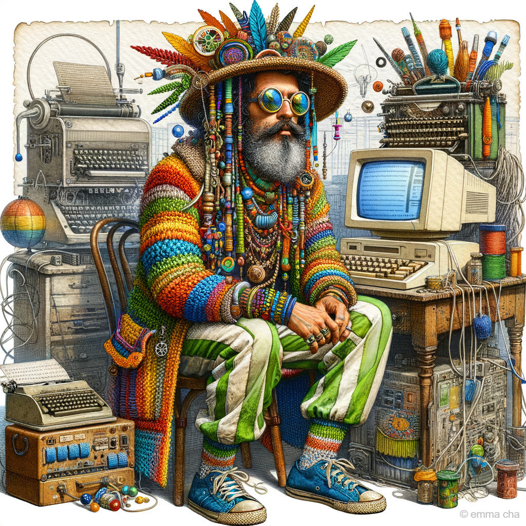 Colorful Figure in Retro Workspace with Artistic Tools