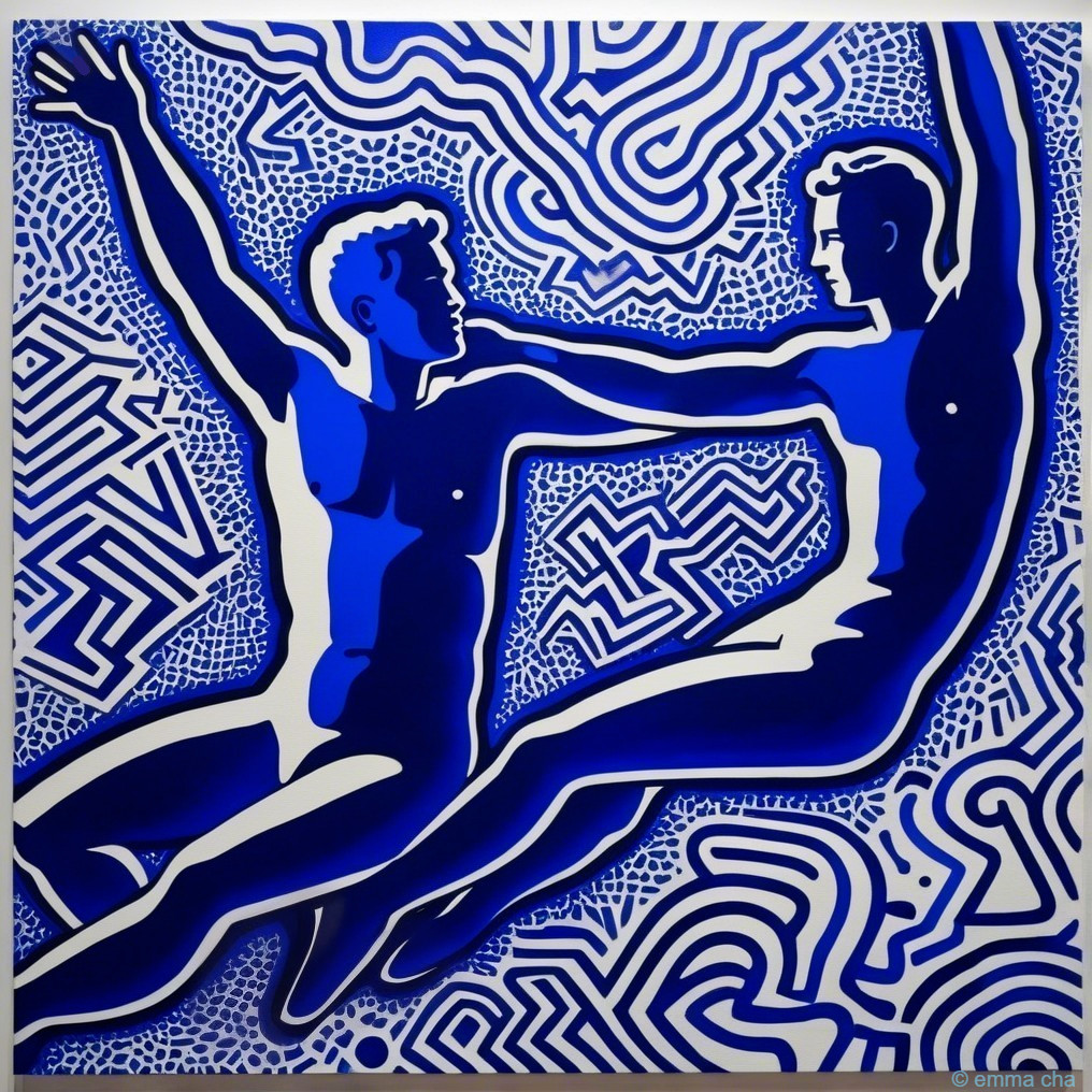 Stylized Figures in Blue with Abstract Background