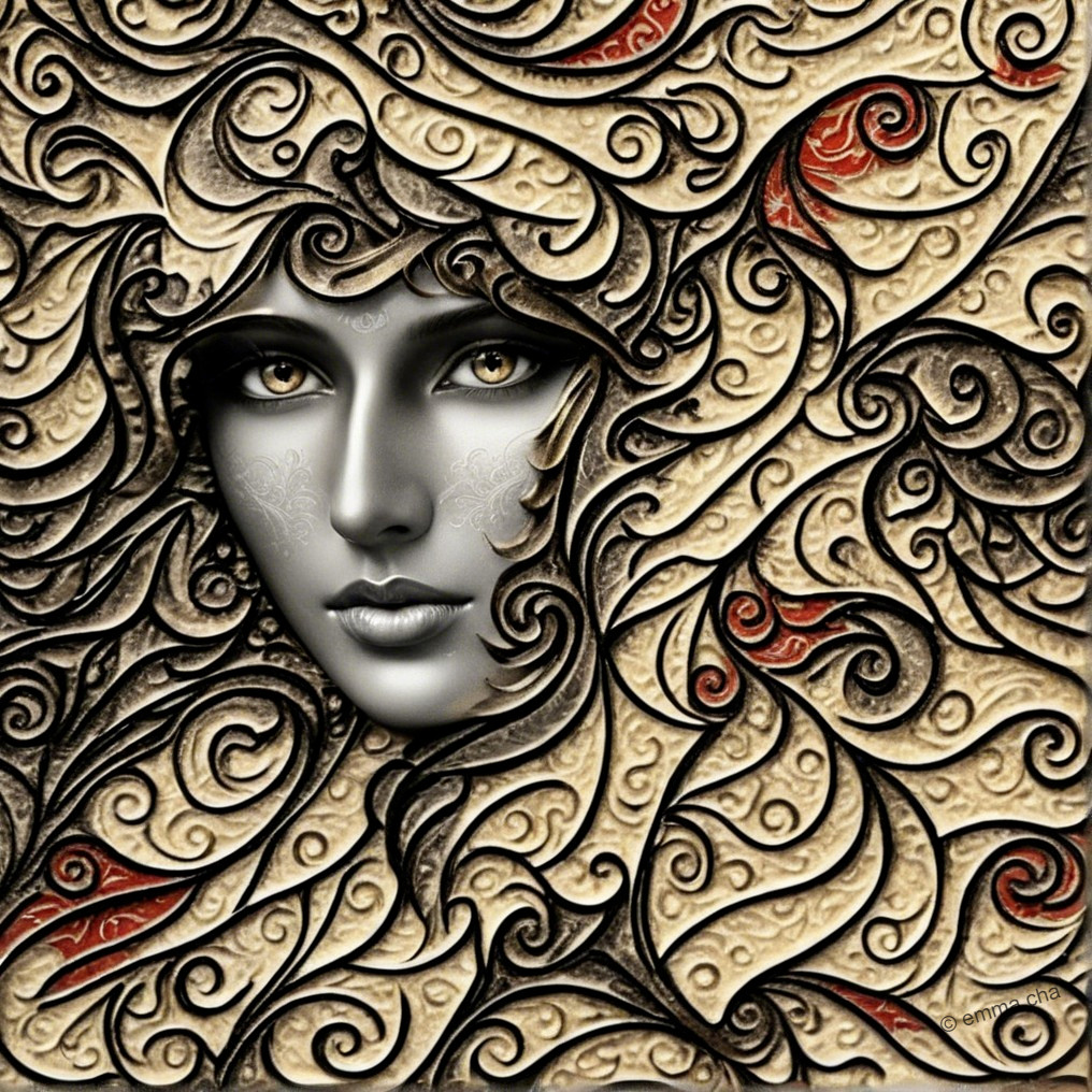 Stylized Face with Intricate Patterns and Golden Eyes
