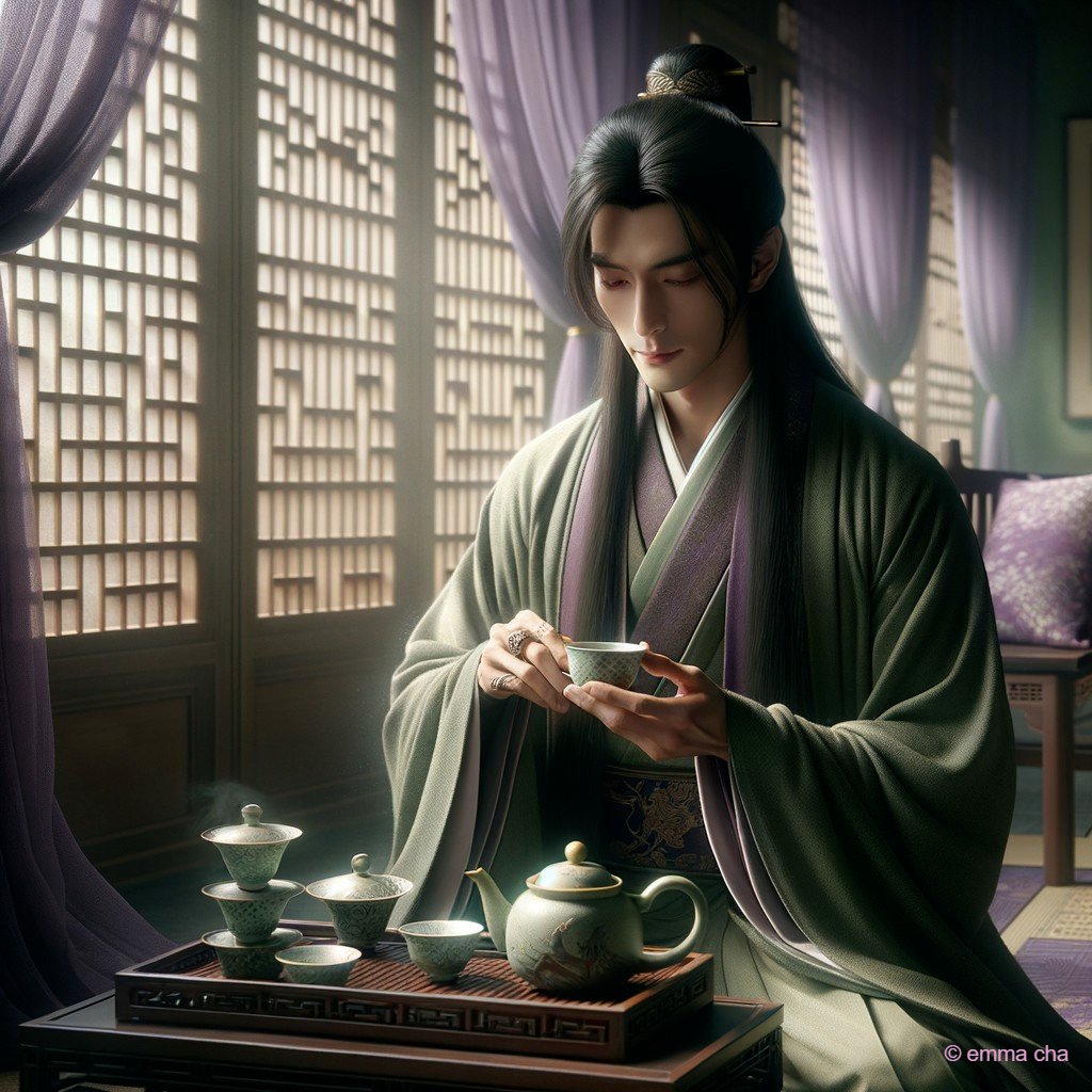 Young Man Preparing Tea in a Serene Setting