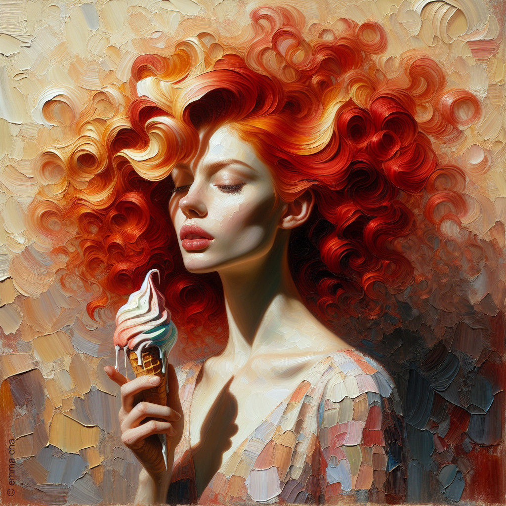 Woman with Red Curls Enjoying Ice Cream Cone