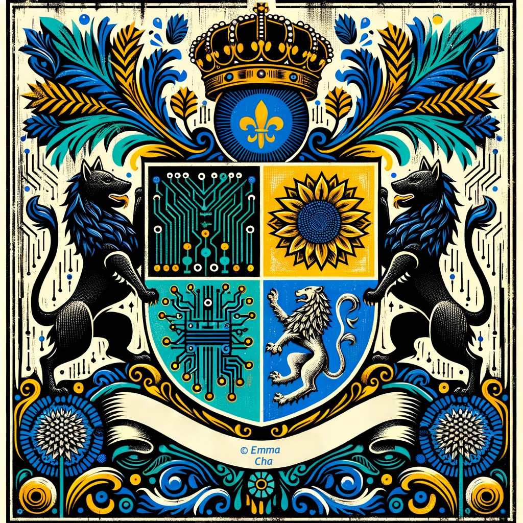 Decorative coat of arms with lions, wolves, and crown