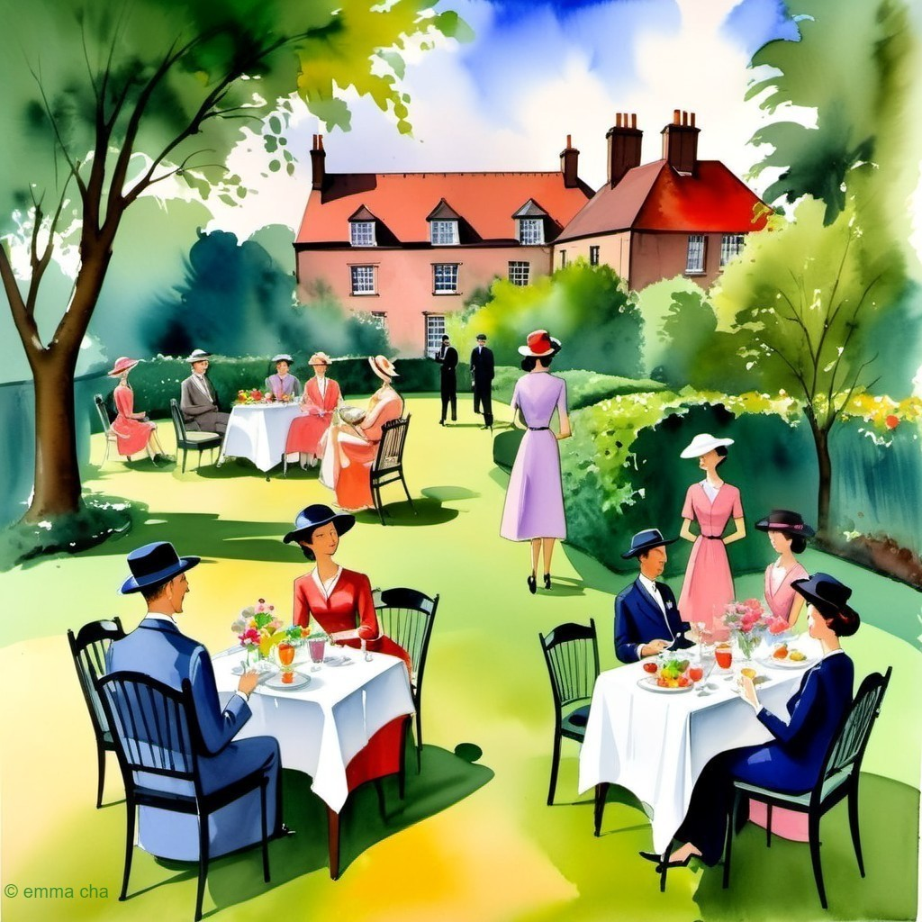Elegant garden party with guests enjoying refreshments