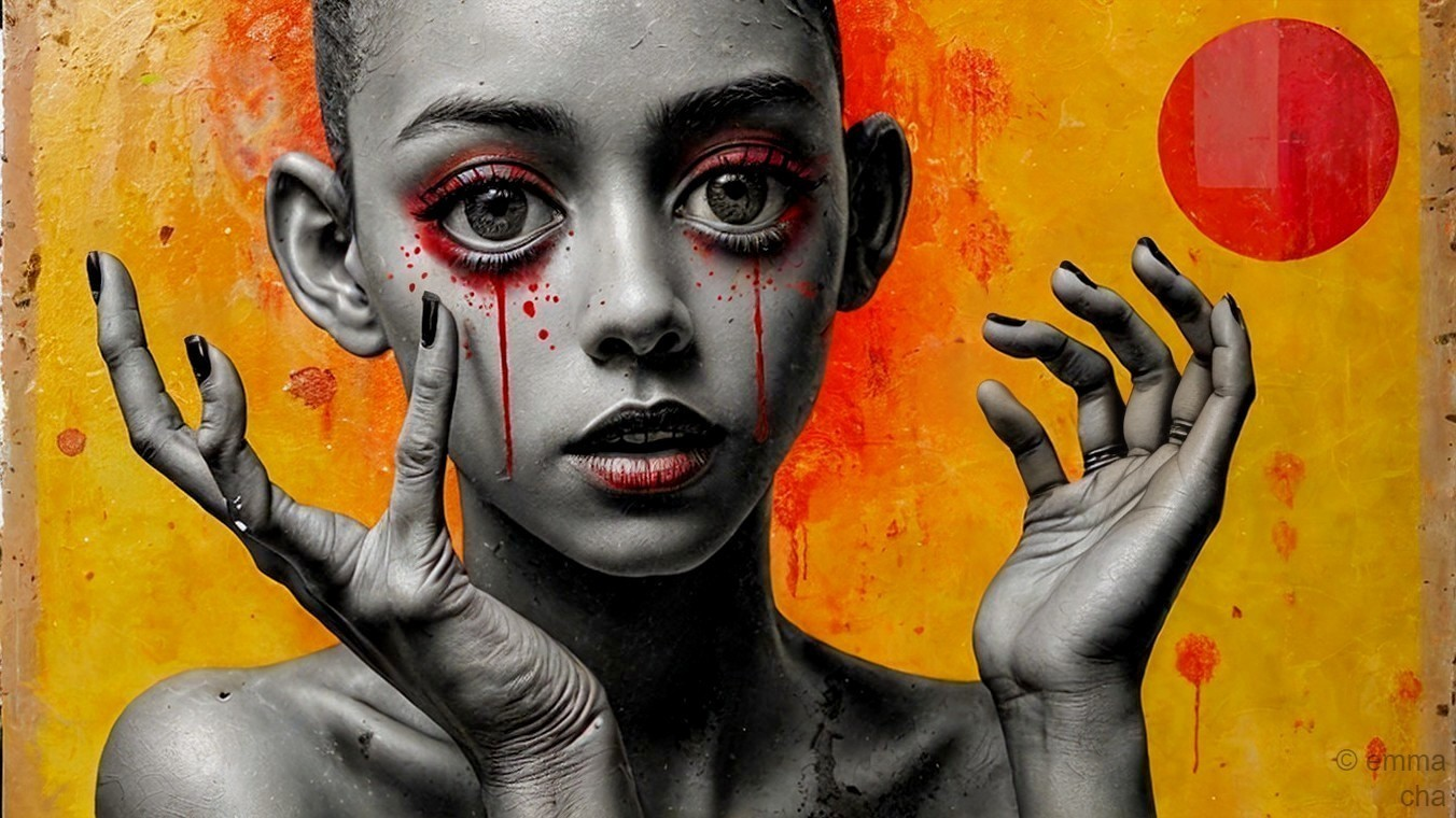 Portrait of a Young Girl with Monochrome Skin and Tears