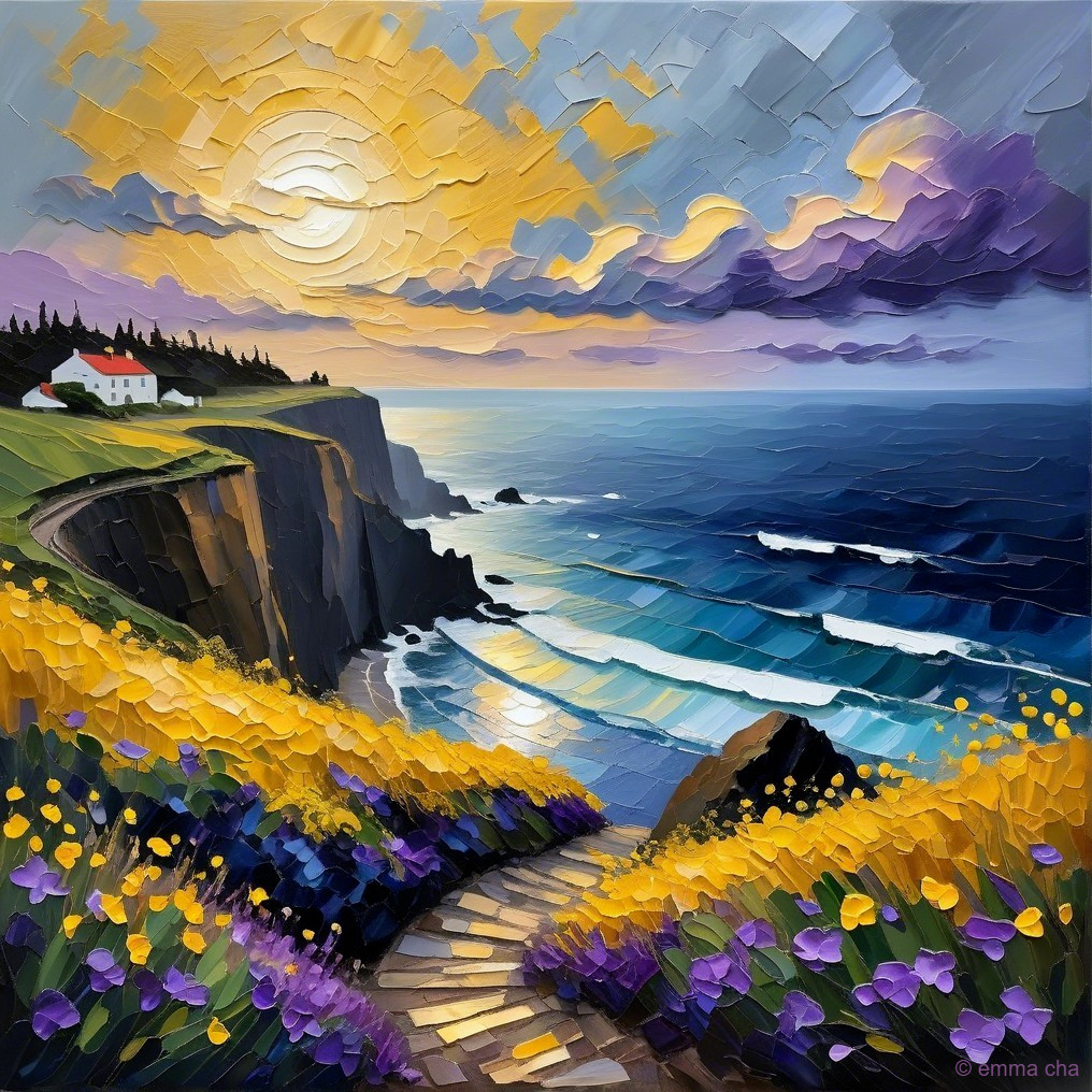 Coastal Cliffside Landscape with Ocean and Flowers