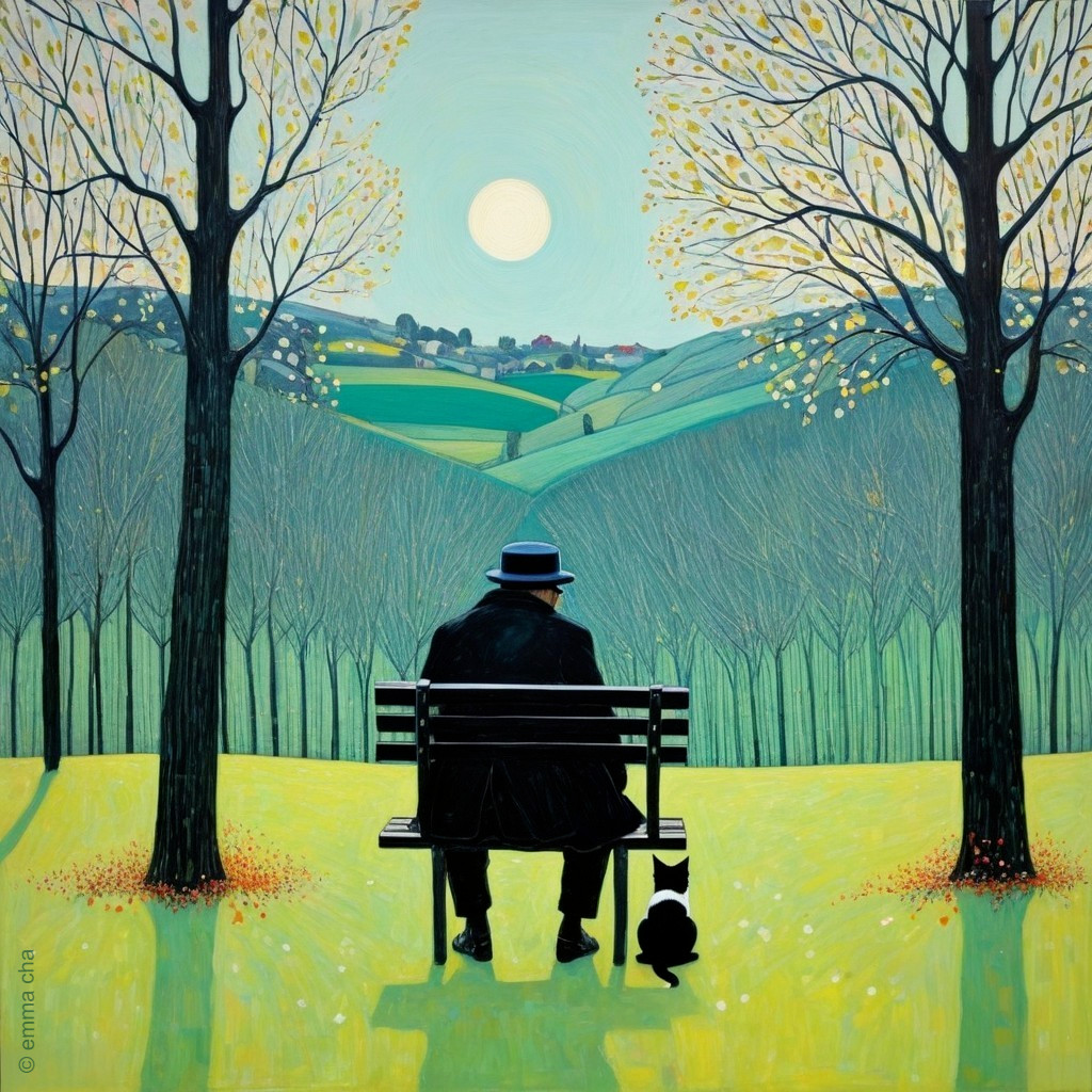 Man and Cat in Serene Moonlit Landscape