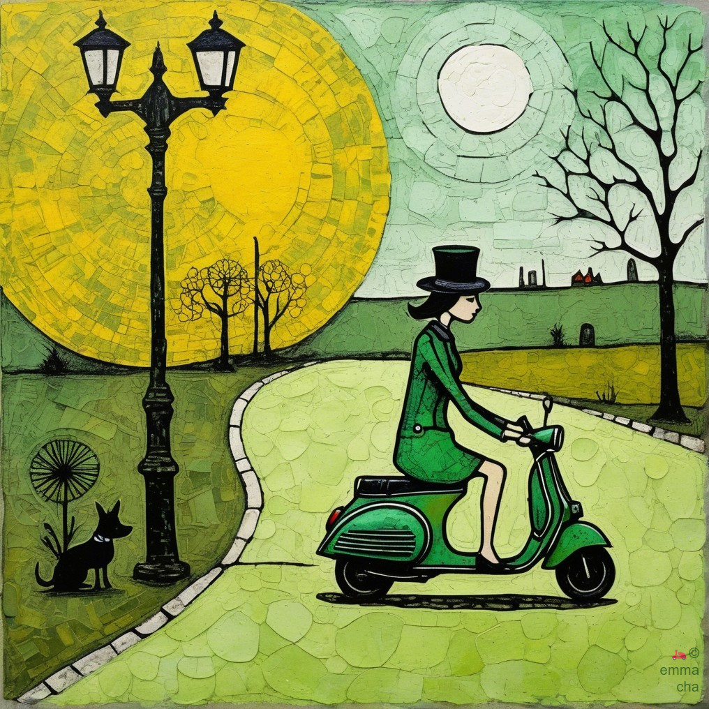 Woman in Green Dress Riding Scooter with Cat and Sun