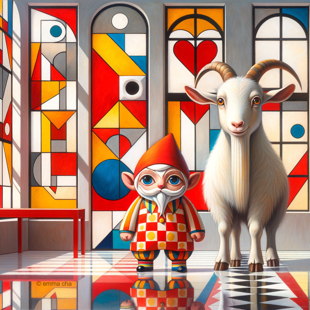 Whimsical Gnome and Goat in Colorful Stained Glass Room