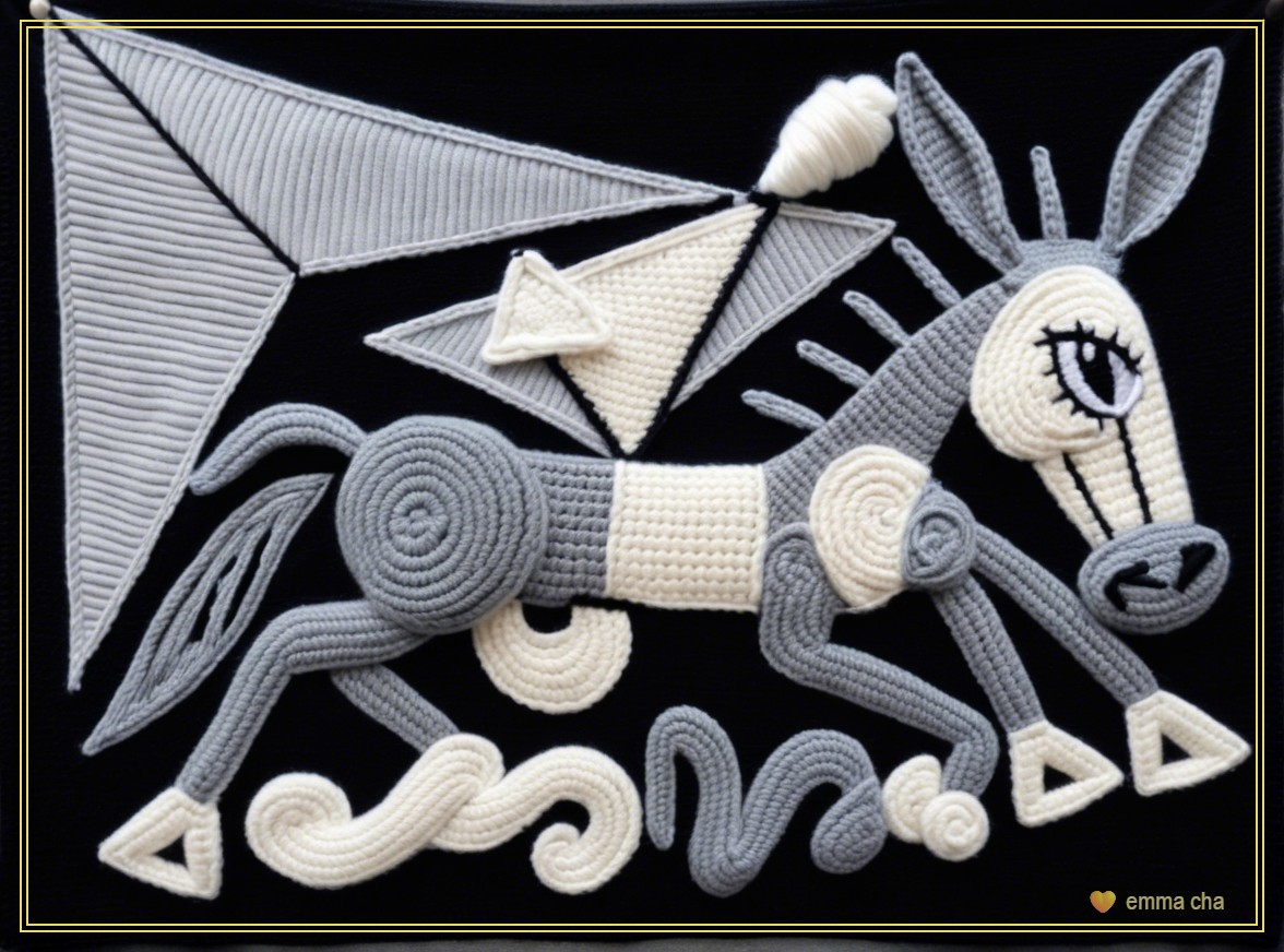 Abstract Yarn Art of a Galloping Horse in Gray and White