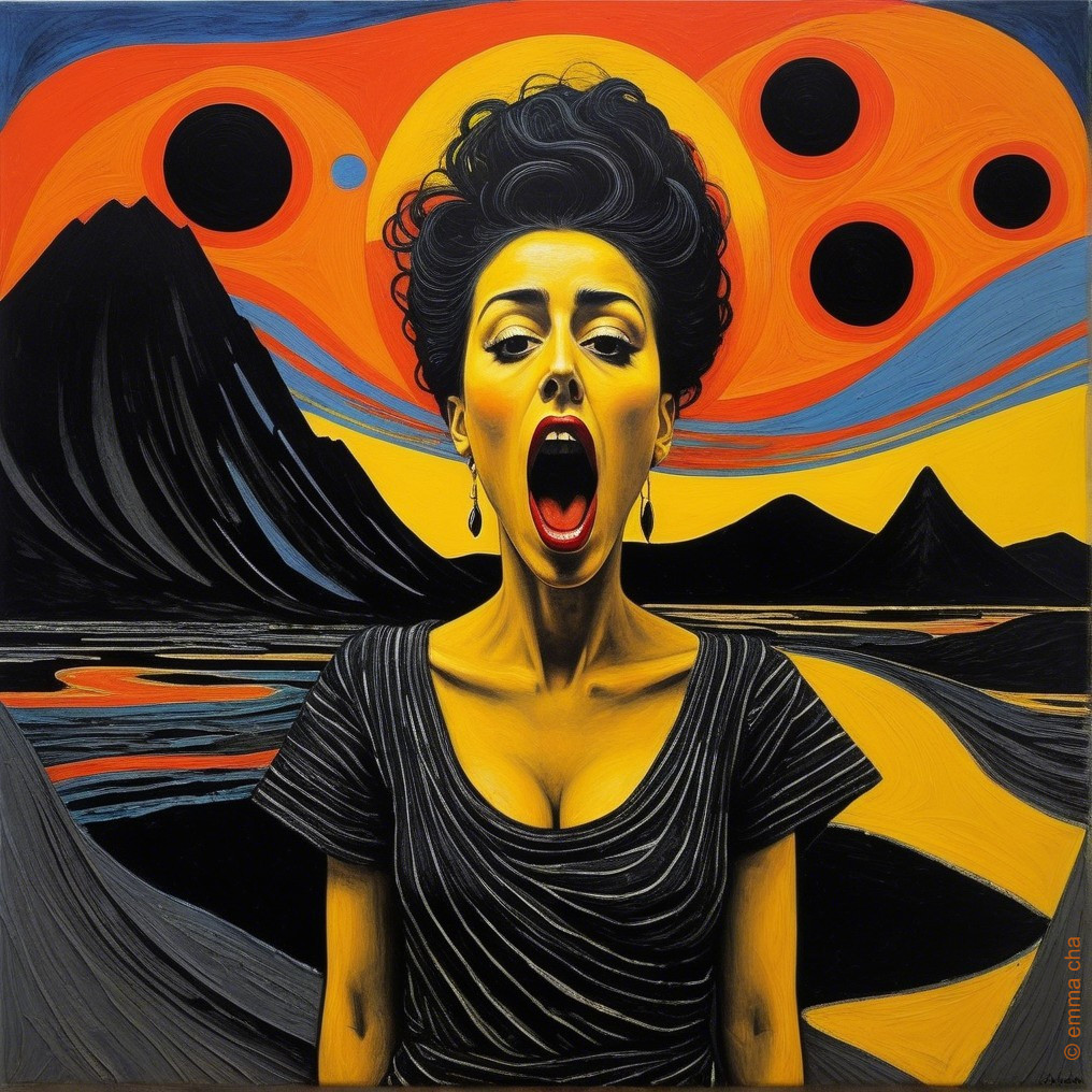 Dramatic Woman in Abstract Landscape with Bold Colors