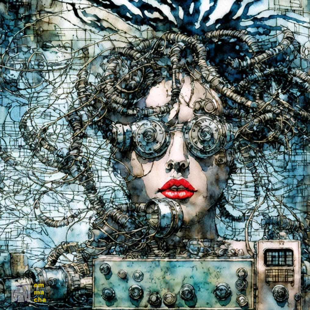 Stylized Female Figure with Mechanical Elements and Gears