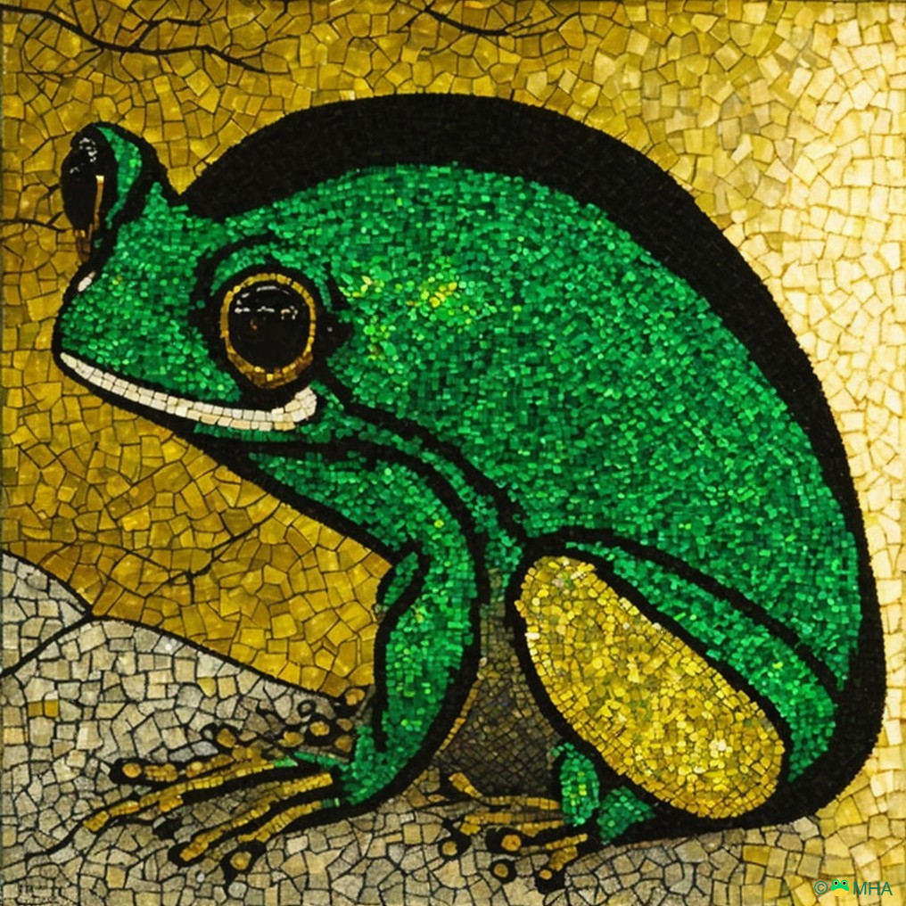 Vibrant Mosaic Artwork of a Green Frog with Gold Background