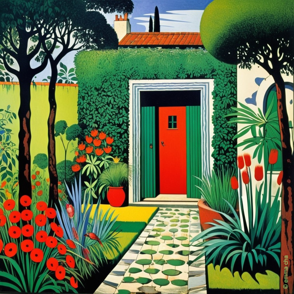 Vibrant Garden Scene with Red Door and Colorful Flowers