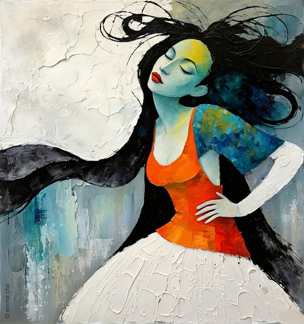 Graceful Woman in Orange Top and White Skirt Painting