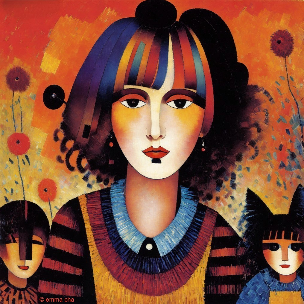 Stylized Woman Surrounded by Abstract Figures and Colors