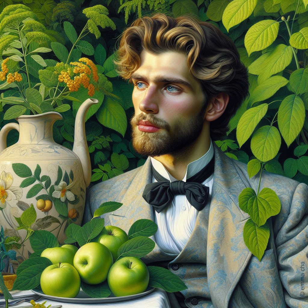 Young man in gray suit among lush greenery and apples