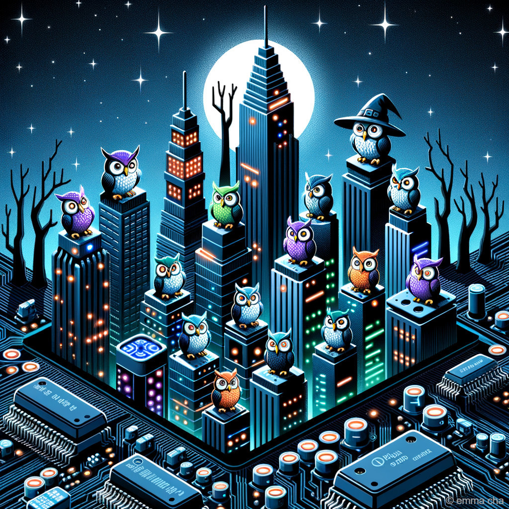 Whimsical Owls in a Futuristic Cityscape at Night