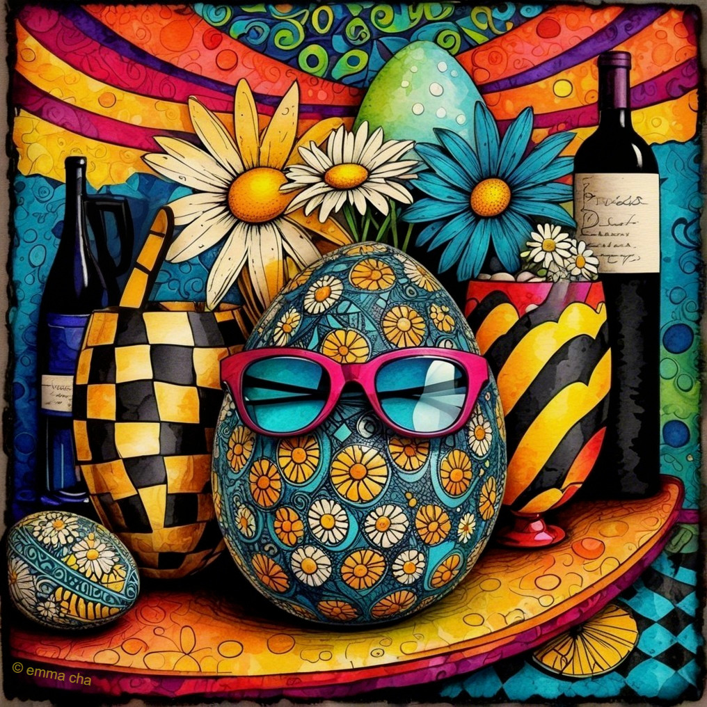 Vibrant Still Life of Decorated Eggs and Daisies