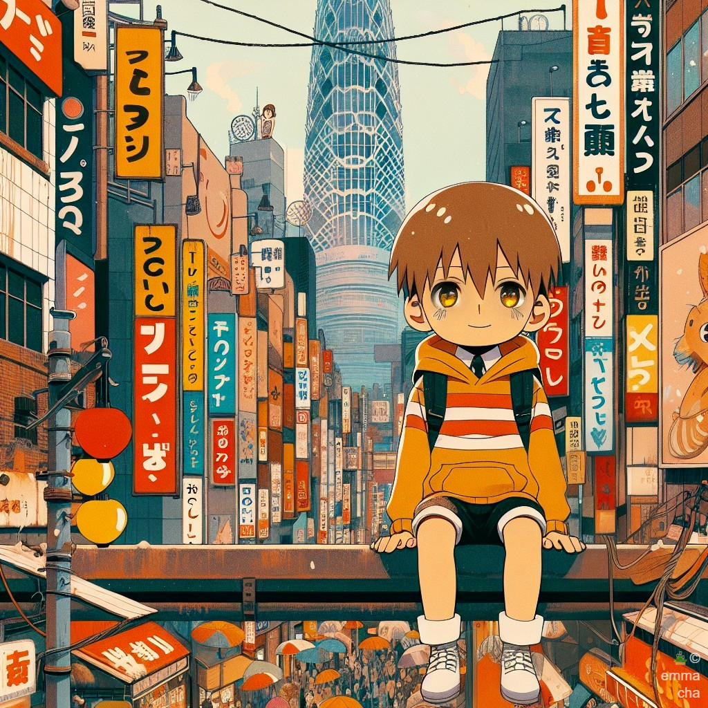 Young boy in striped hoodie in vibrant city scene