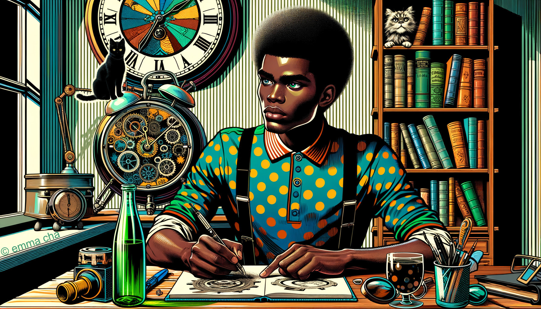 Young Man Sketching in Retro-Style Room with Decor