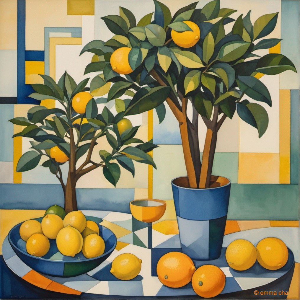 Vibrant Still Life with Lemon Trees and Colorful Background