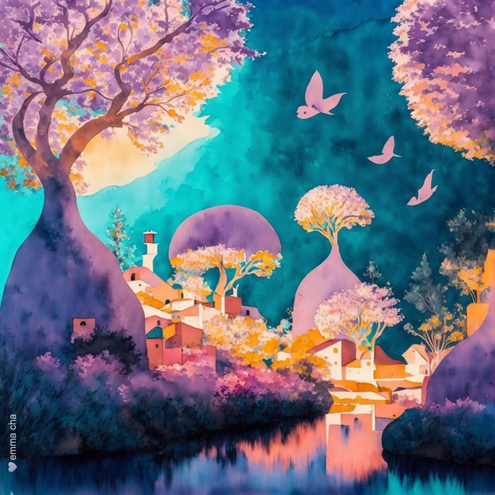 Whimsical Landscape with Vibrant Trees and Village