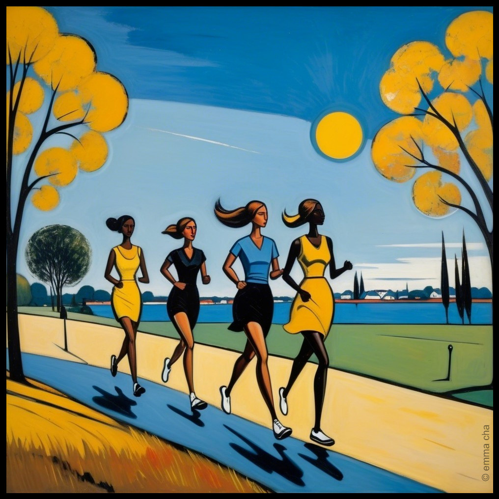 Vibrant Scene of Women Jogging on a Sunny Path