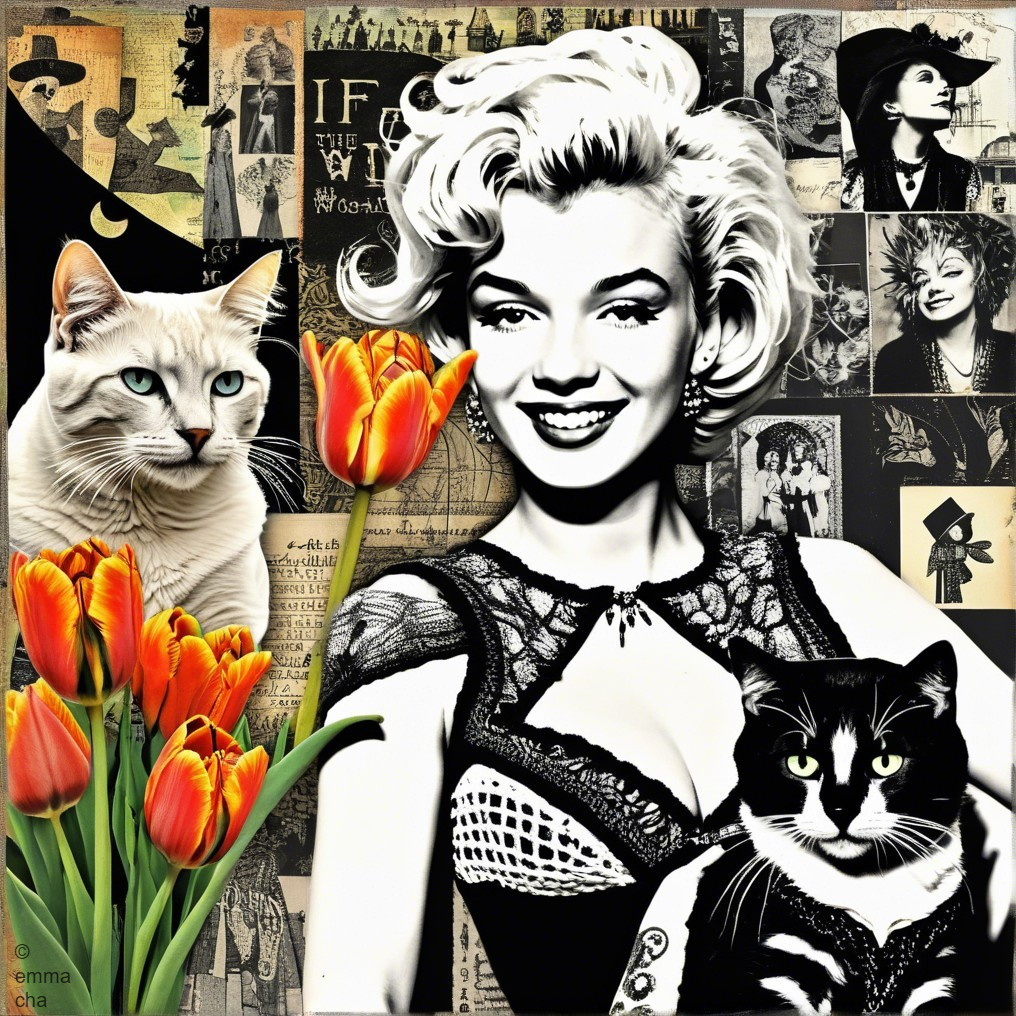 Stylized Black-and-White Portrait with Cats and Tulips