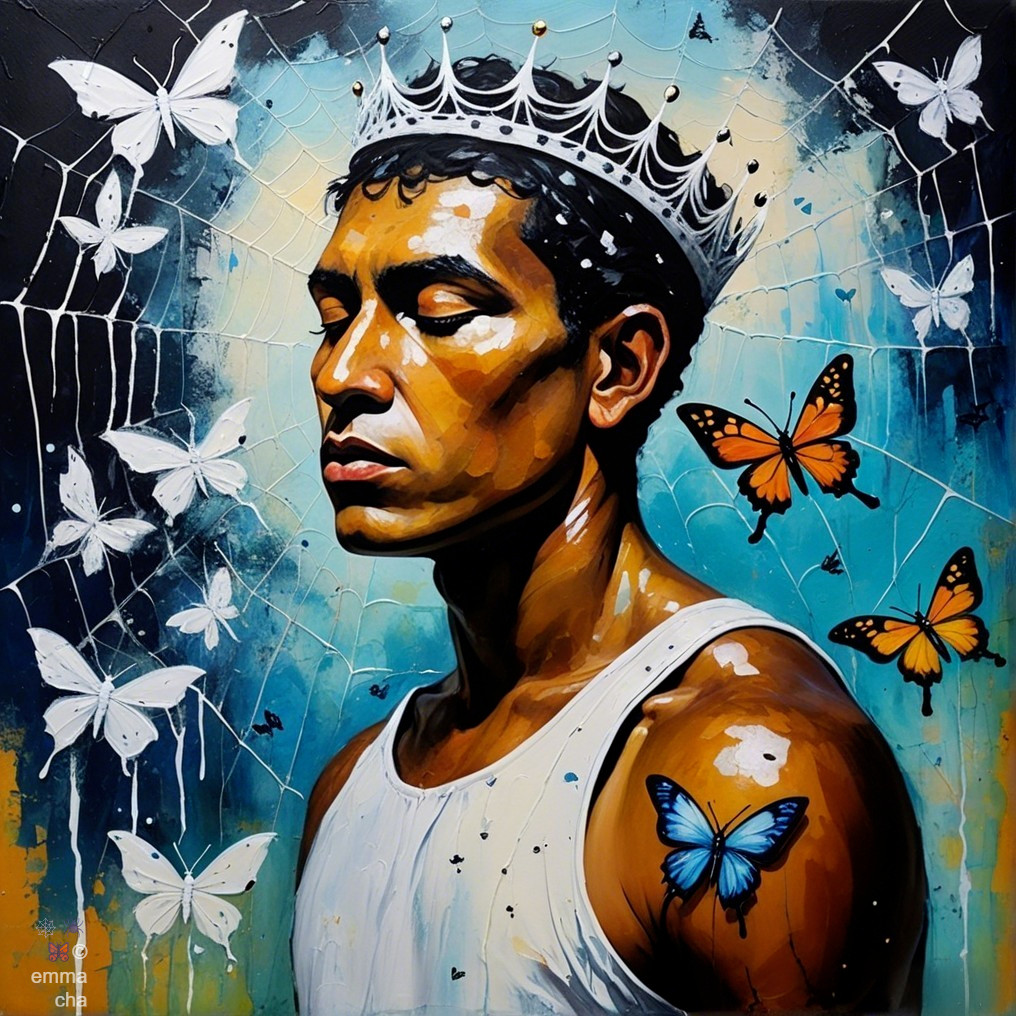 Contemplative Man with Butterflies in Colorful Setting