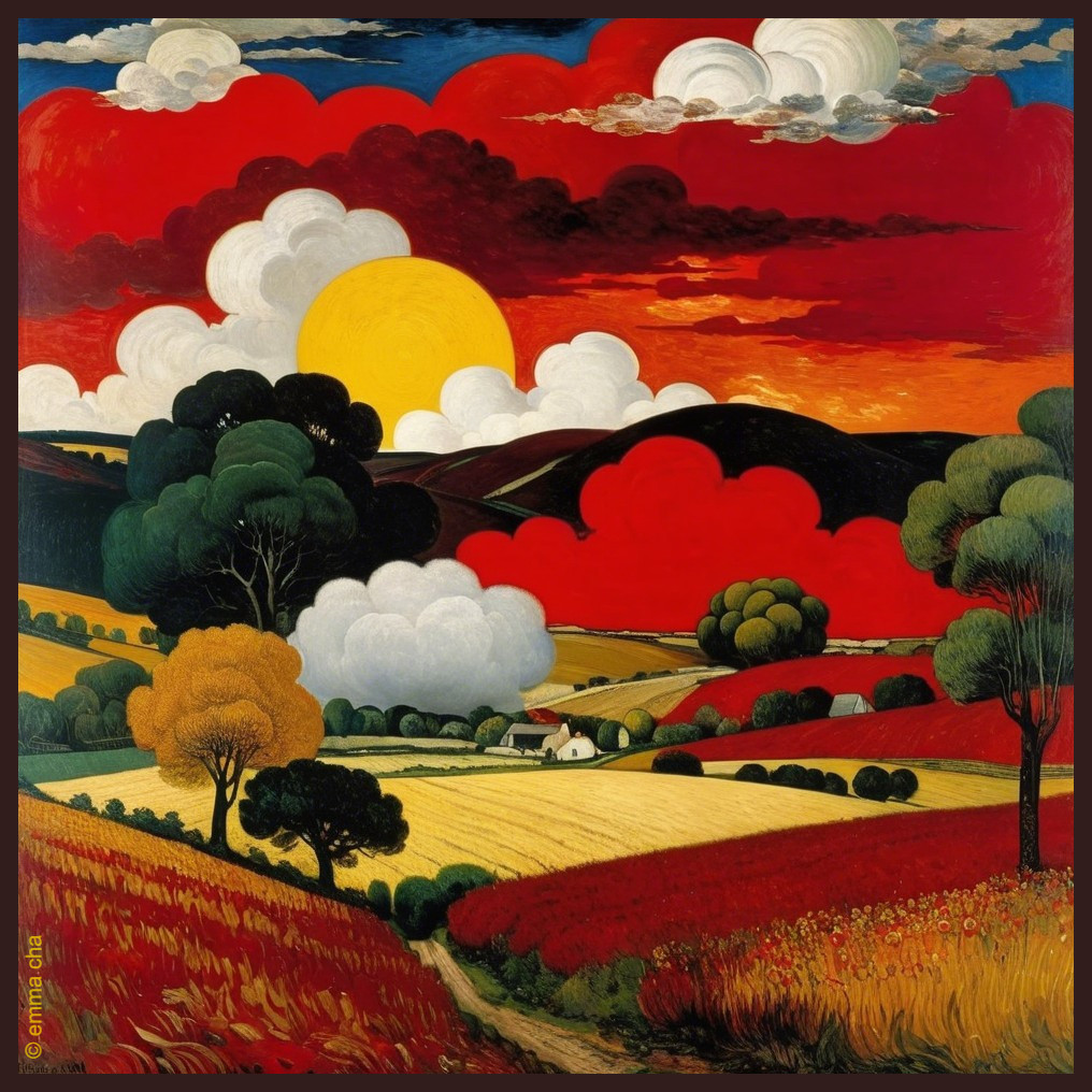 Vibrant Landscape with Rolling Hills and Dramatic Sky