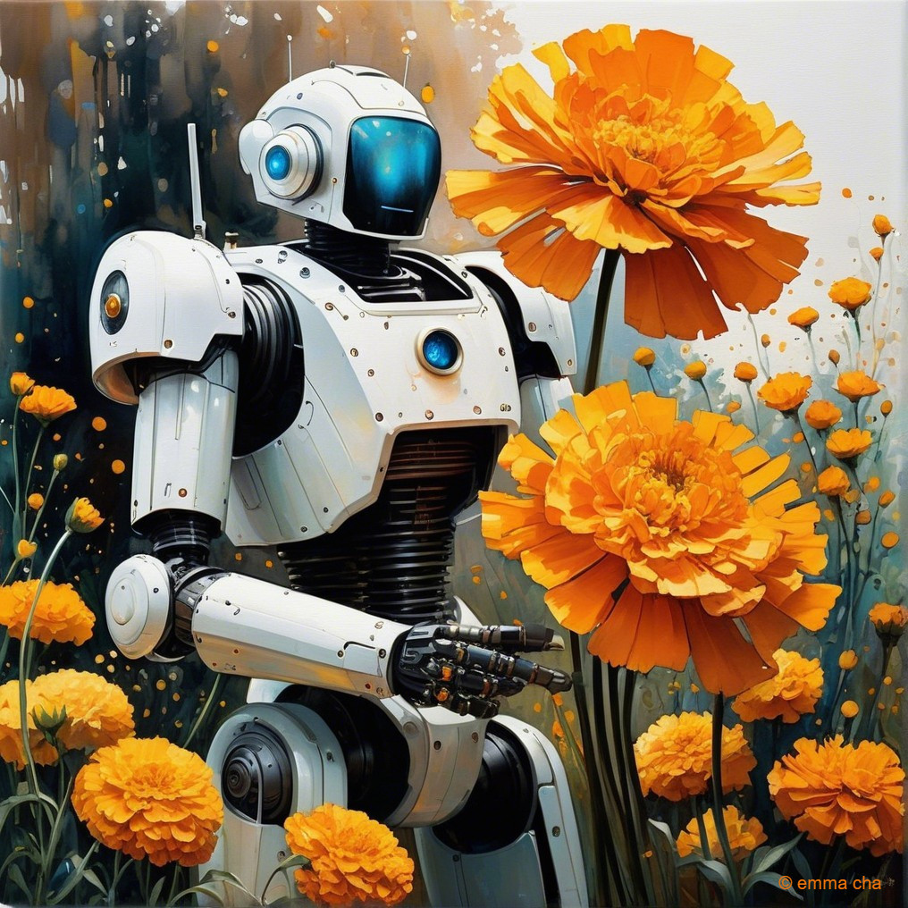 Futuristic Robot in a Colorful Flower Garden