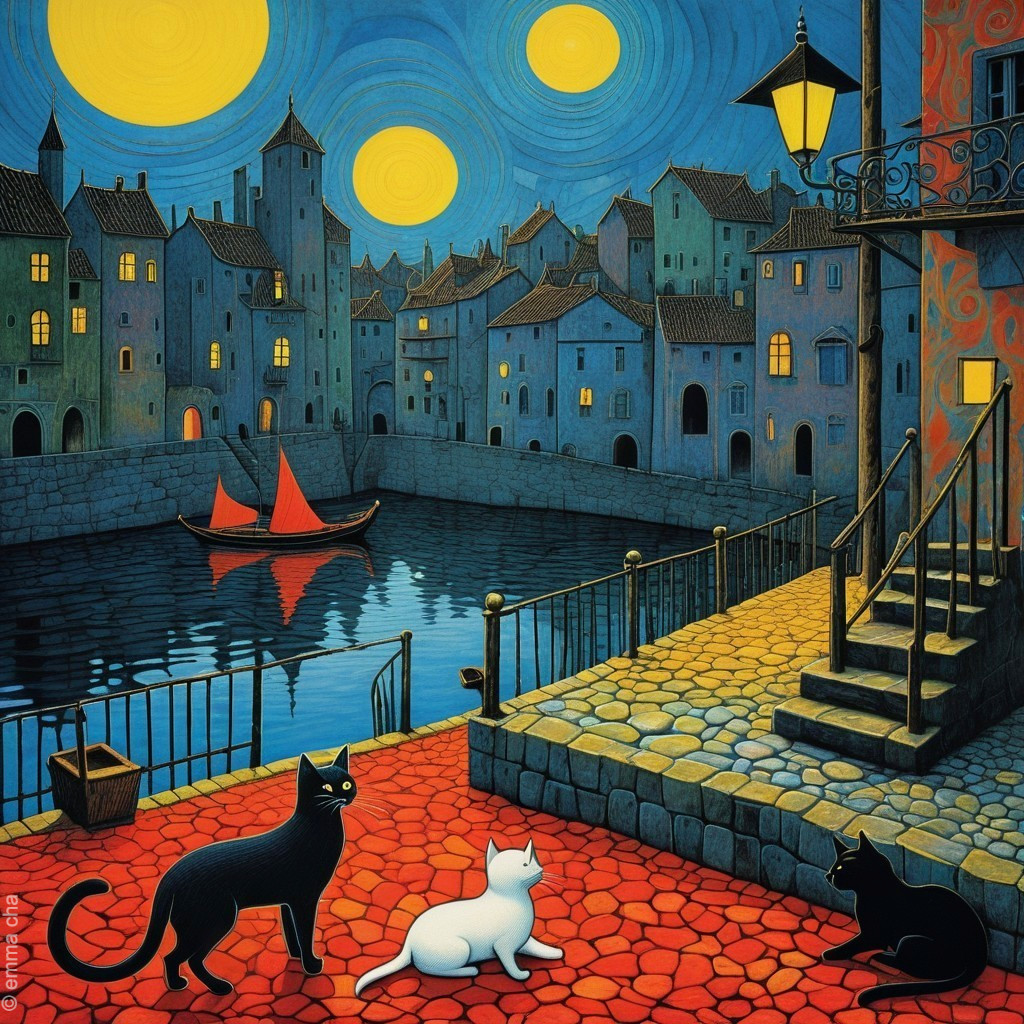 Vibrant Night View of a Town with Moons and Cats