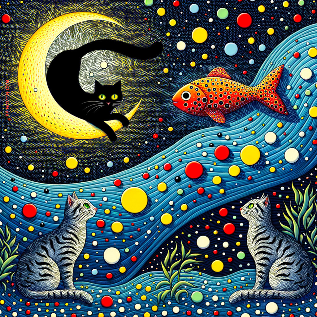 Whimsical Scene of Cats, Moon, and Colorful Fish