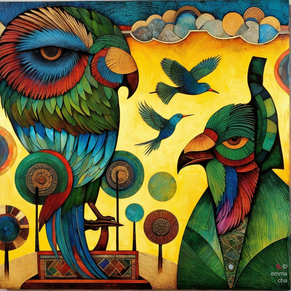 Colorful Owl and Parrot Artwork with Geometric Patterns