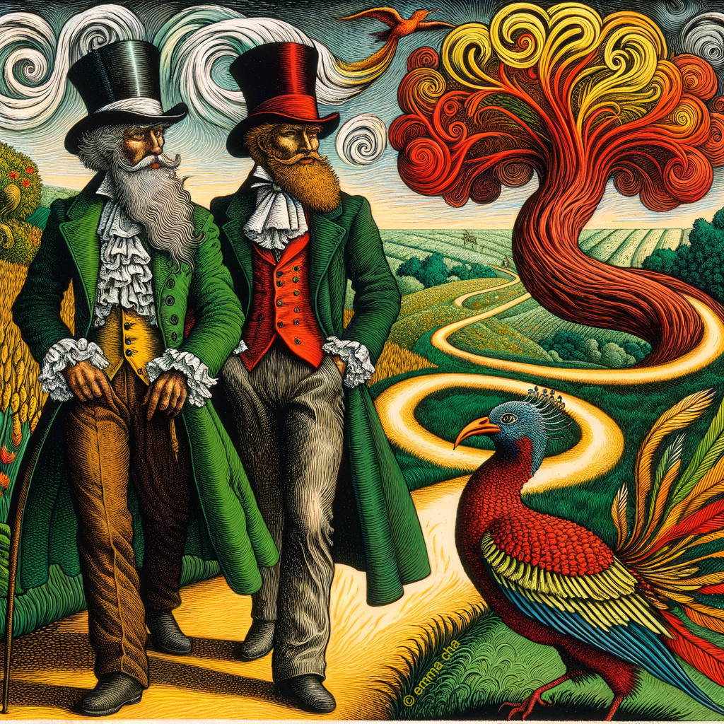 Elegant Men in Vibrant Landscape with Colorful Bird