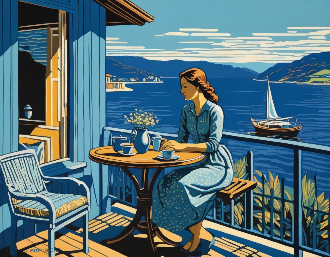 Woman on Balcony Overlooking Tranquil Bay Scene