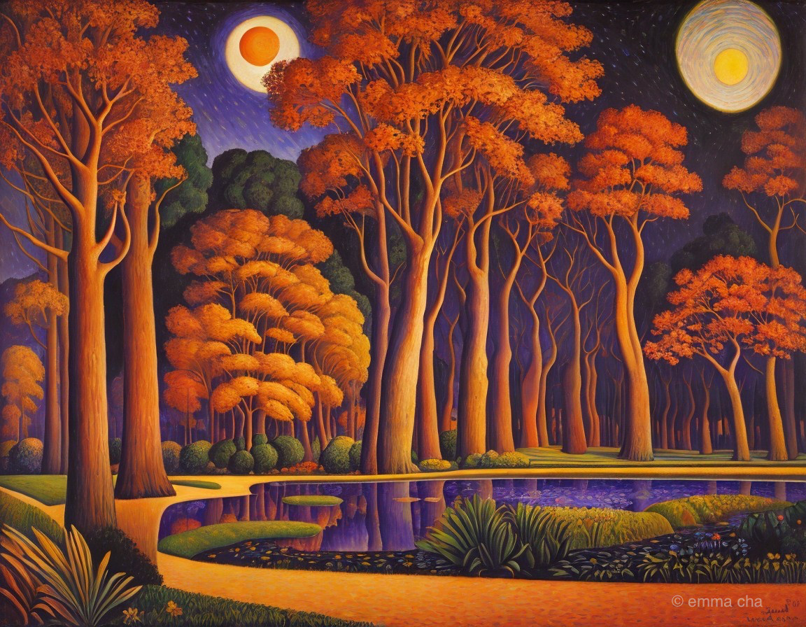 Surreal Twilight Forest with Celestial Bodies and Pond