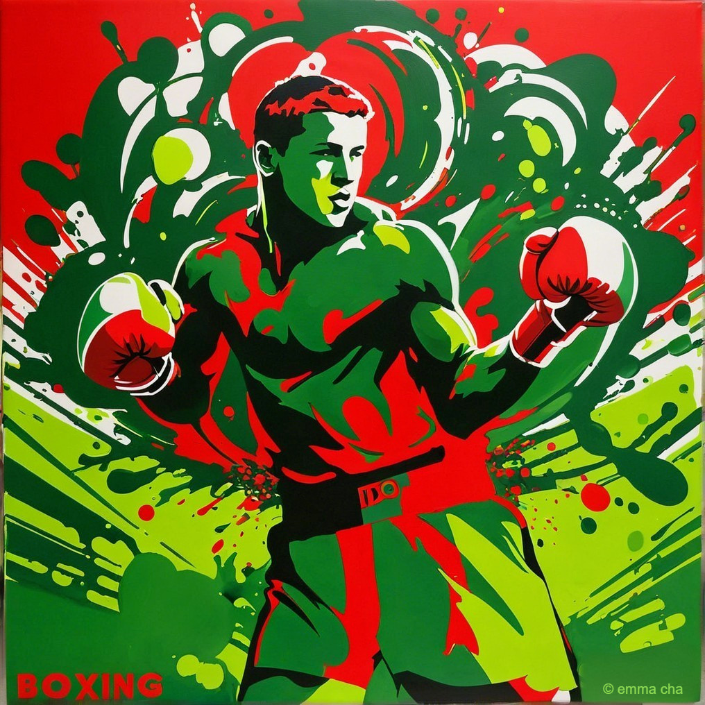 Dynamic Boxer Artwork in Vibrant Green and Red